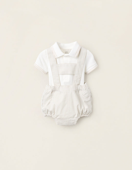 Bodysuit + Jumpsuit with Removable Straps for Newborns, White/Beige