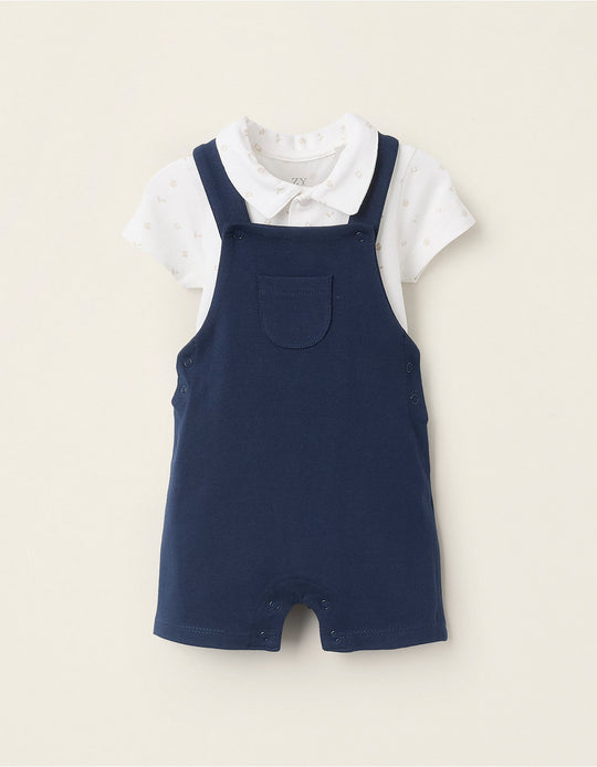 Bodysuit with Motif + Dungarees for Newborns, White/Navy Blue