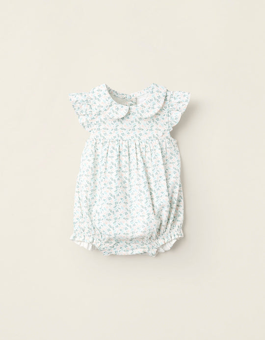 جمبسوت مزهر قصير للبنات الرضع، أبيض/أخضر