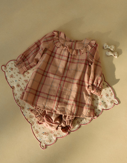 طقم فستان + بنطال داخلي كاروهات للمواليد البنات، وردي