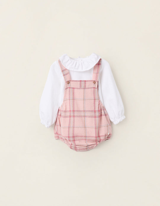 Bodysuit + Overall with Check for Newborn Girls, White/Pink