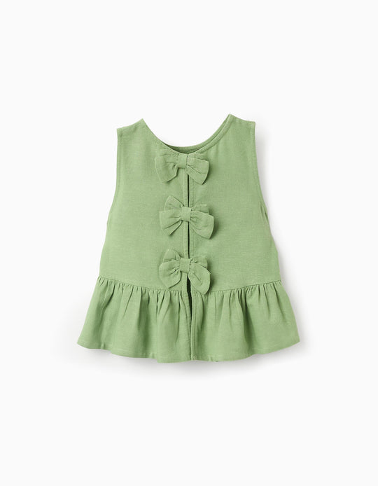 Cotton and Linen Top with Ruffles and Bows for Girls, Green