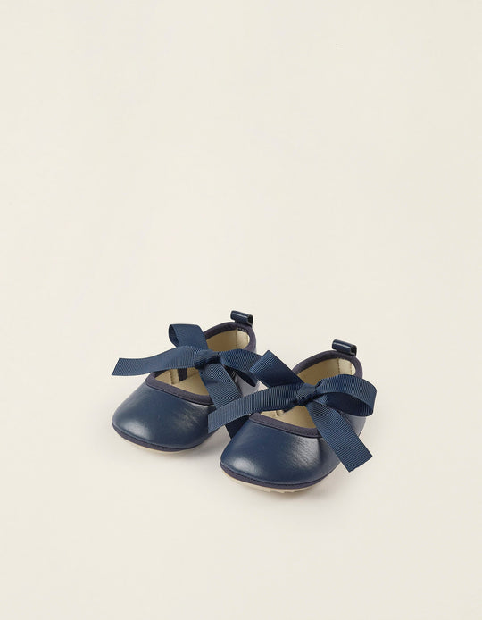 Satin Bow Ballerina Flats for Newborn Girls, Dark Blue