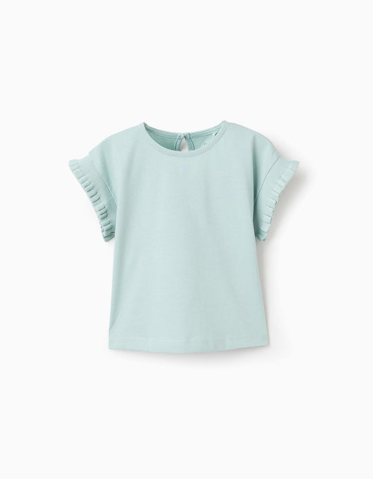 Cotton T-shirt with Kimono Sleeves for Baby Girls, Aqua Green