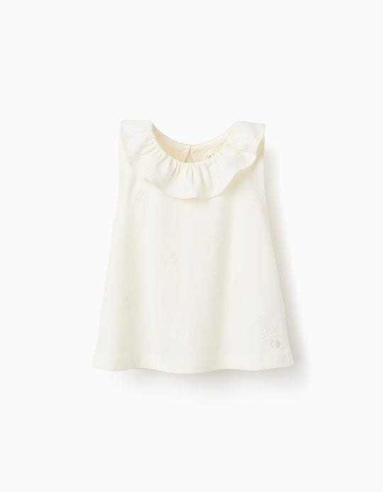 توب بكشاكش وتطريز زهور للبنات الرضع، أبيض