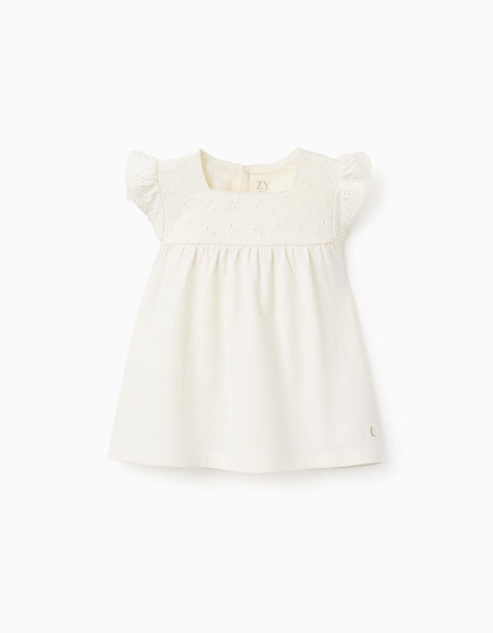 توب بكشاكش ودانتيل بروذري للبنات الرضع، أبيض