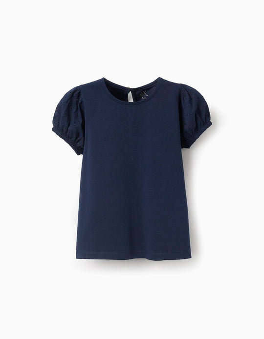 T-shirt with Broderie Anglaise Sleeves for Girls, Dark Blue