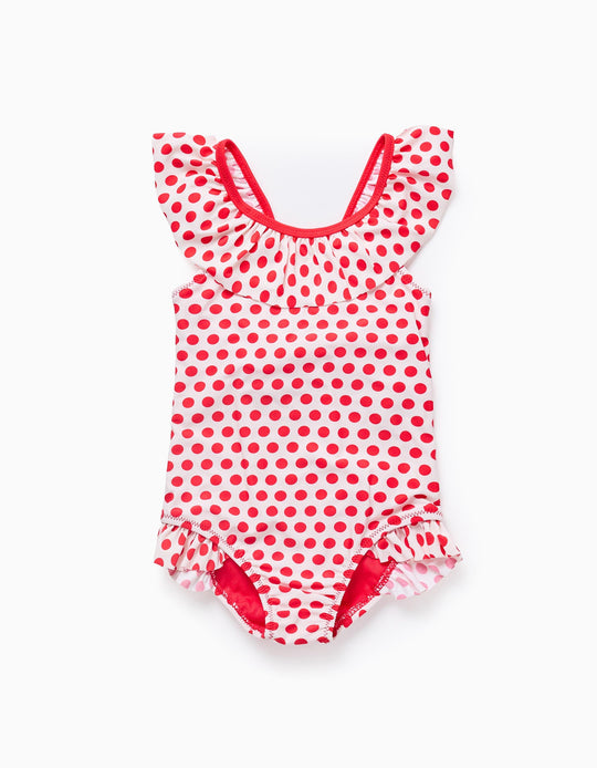 Swimsuit with Polka Dots and Ruffles for Baby Girls, White/Red