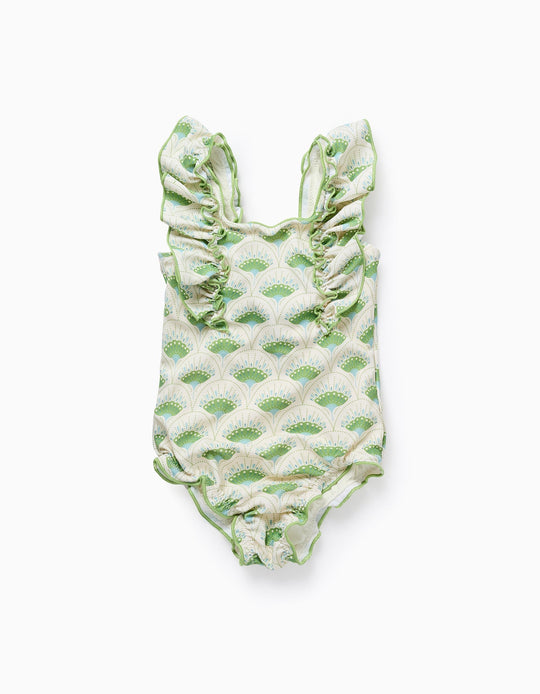 Swimsuit with Motif and Ruffles for Baby Girls, Beige/Green
