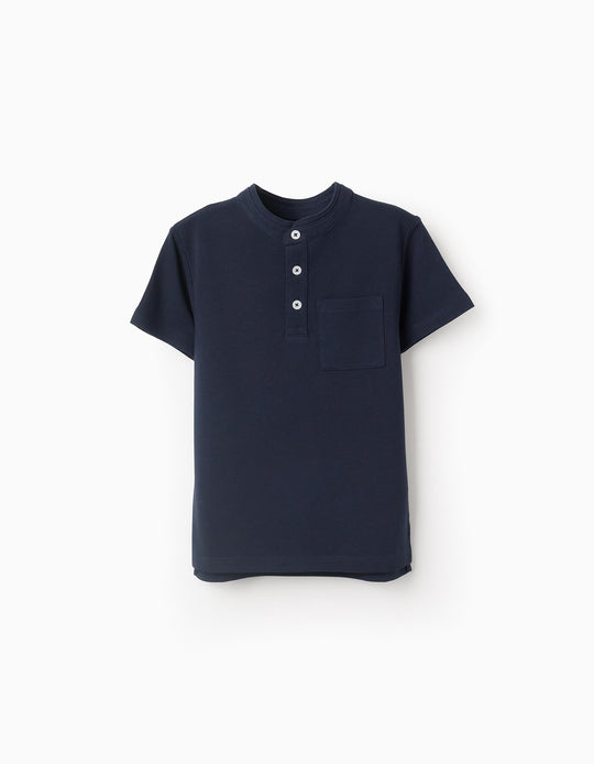 Cotton Polo Shirt with Mao Collar for Boys, Dark Blue