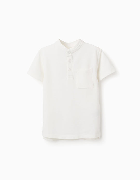 Cotton Polo Shirt with Mao Collar for Boys, White