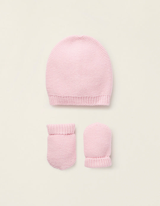 طقم محبوك قبعة وقفازات للمواليد البنات، وردي