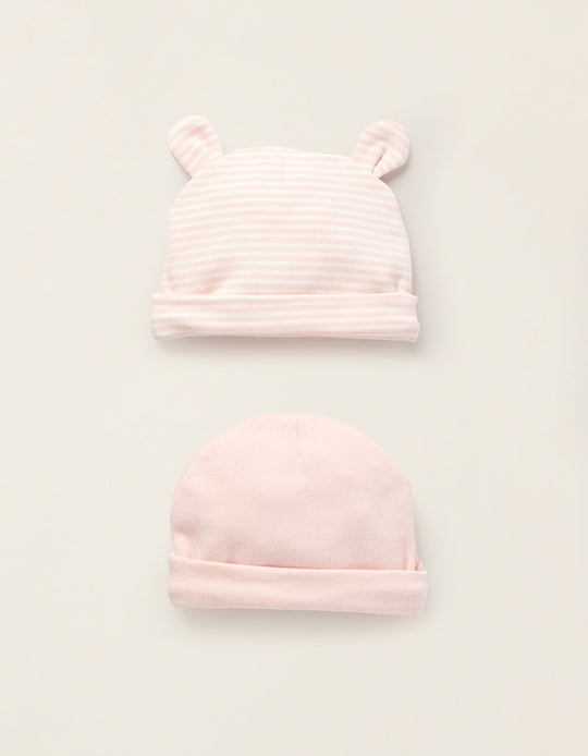باك من 2 قبعة قطن مضلعة للمواليد البنات، وردي/أبيض