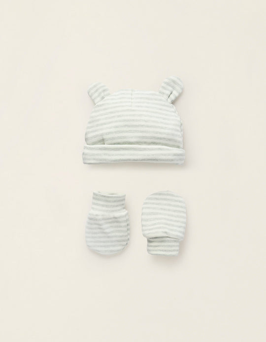 باك قبعة وقفازات قطن للمواليد، أخضر/أبيض