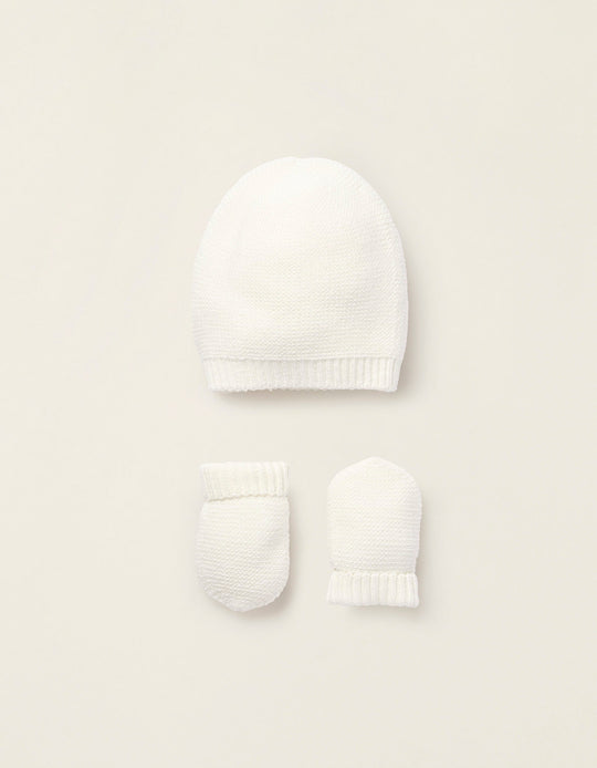 طقم قبعة قطن محبوك + قفازات للمواليد، أبيض
