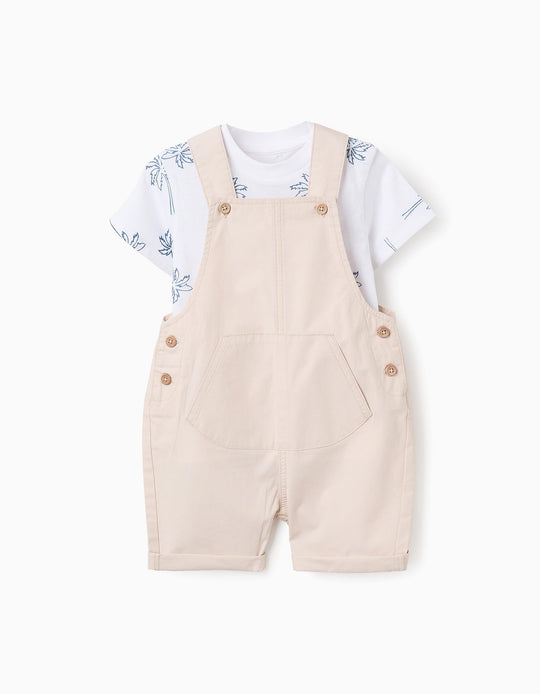 طقم تيشيرت + سروال دنغري للأولاد الرضع نخيل، بيج/أبيض