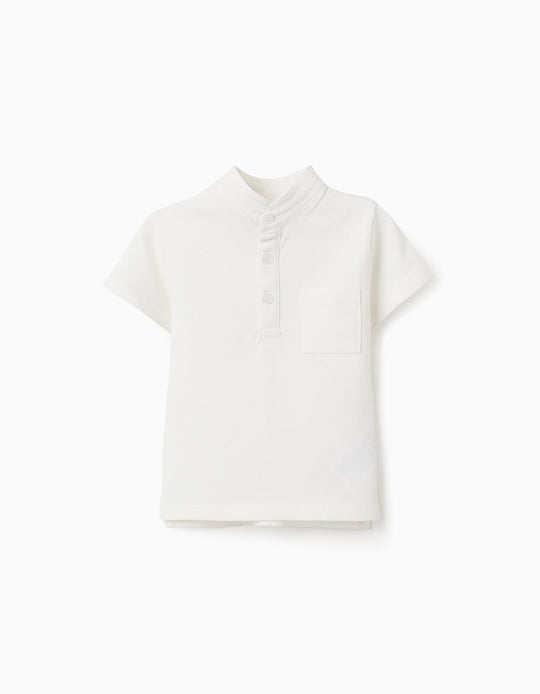 Cotton Polo Shirt with Mao Collar for Baby Boys, White