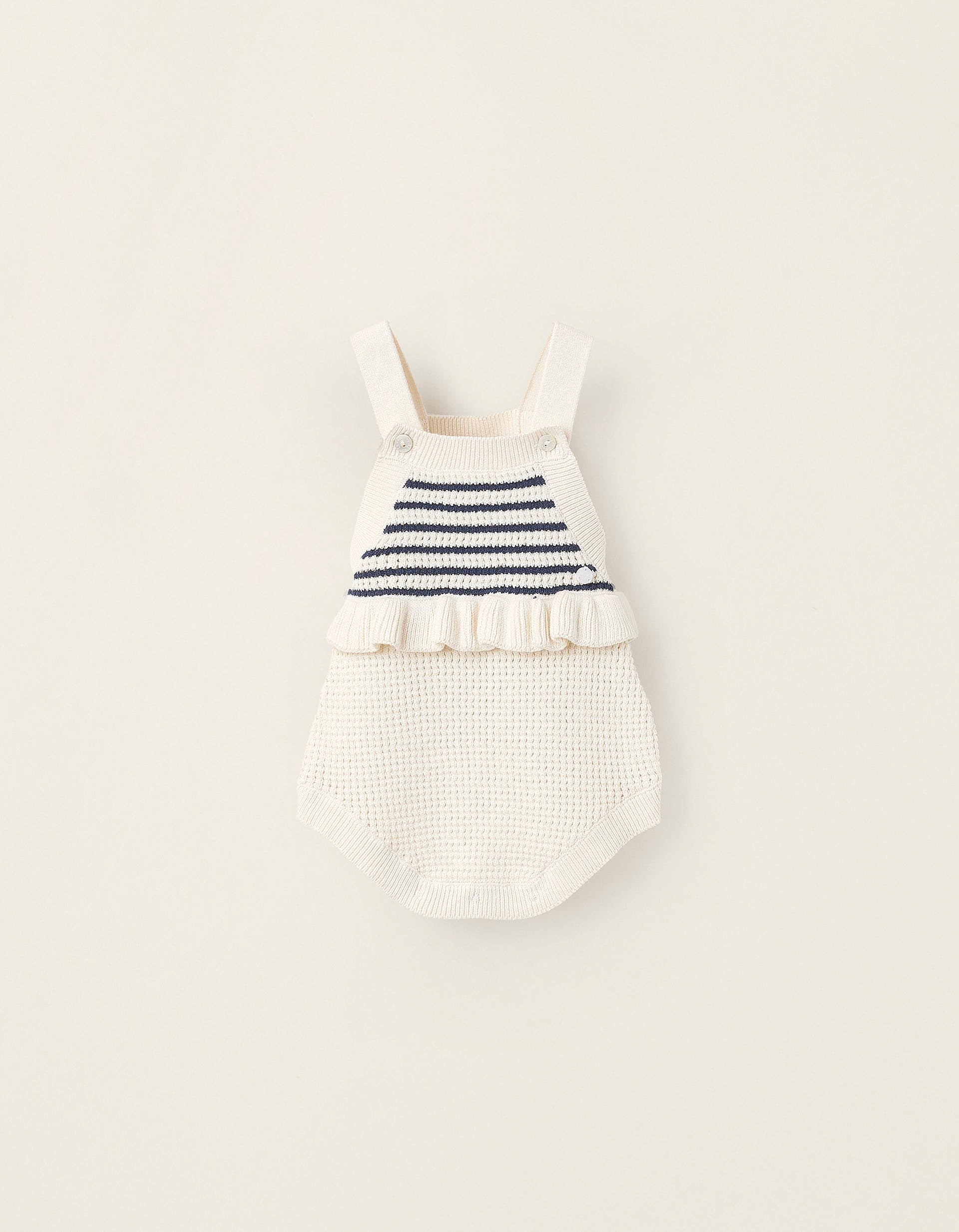 Knitted Jumpsuit with Ruffles for Newborn Girls, Beige/Dark Blue | La vie en Rose | KSA