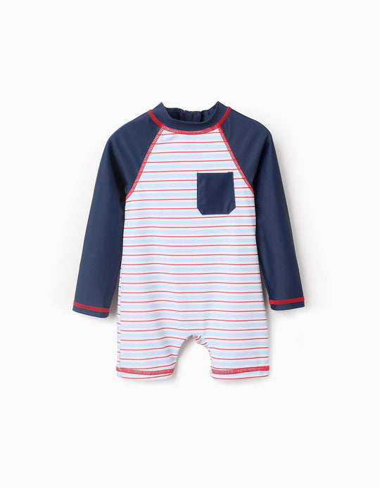 مايوه سباحة مخطط UPF40 للأولاد الرضع، أزرق/أحمر