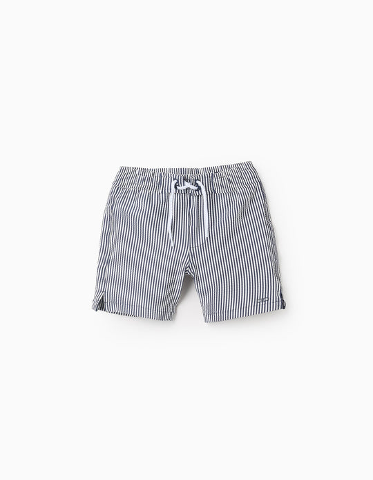 Striped Swim Shorts for Boys, White/Navy Blue