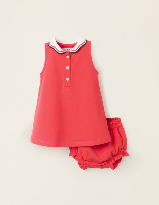 Dress + Bloomers in Piqué for Newborn Baby Girls, Red
