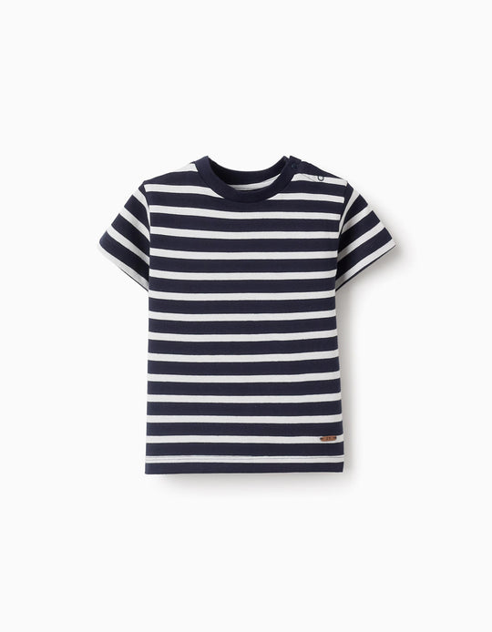 تيشيرت قطني مخطط للأولاد الرضع، أزرق/أبيض