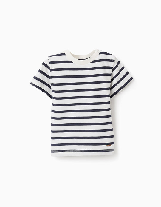 تيشيرت قطني مخطط للأولاد الرضع، أبيض/أزرق