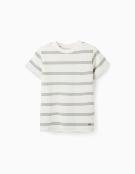 تيشيرت قطني مخطط للأولاد، أبيض/أخضر