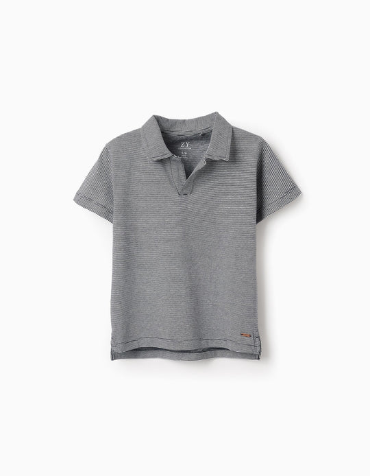 Striped T-shirt with V-neck for Boys, Dark Blue/White