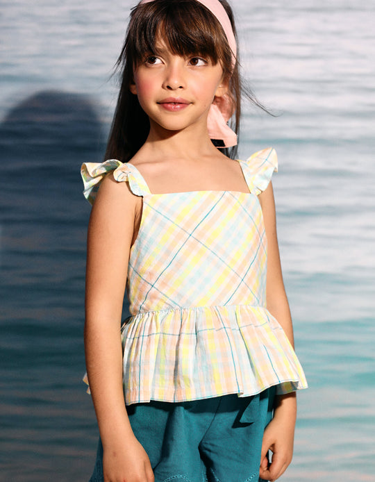 توب قطن مربعات للبنات B&S، متعدد الألوان