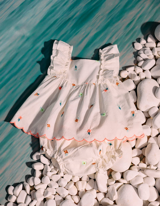 توب + كوفر حفاضات مطرز بالزهور للبنات الرضع B&S، أبيض