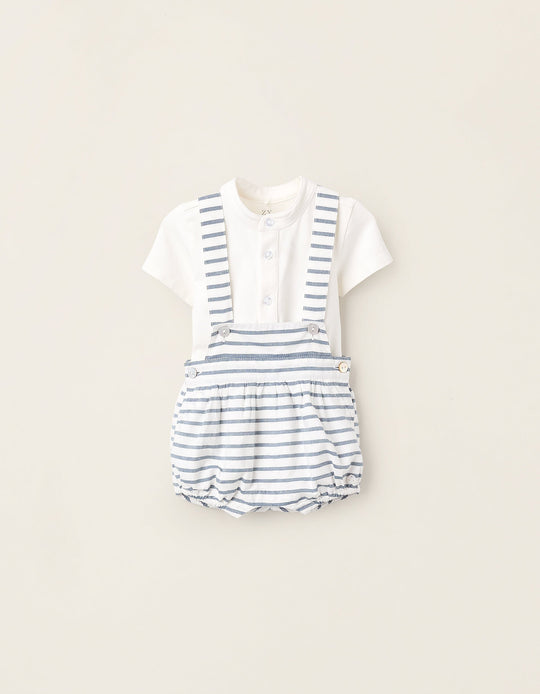 Bodysuit + Striped Overall for Newborns, White/Blue