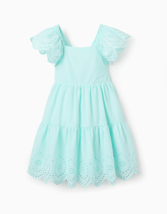 Cotton Dress with Broderie Anglaise for Girls, Light Blue