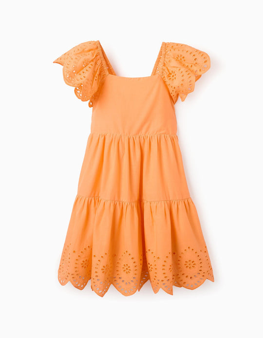 Cotton Dress with Frills and Broderie Anglaise for Girls, Orange
