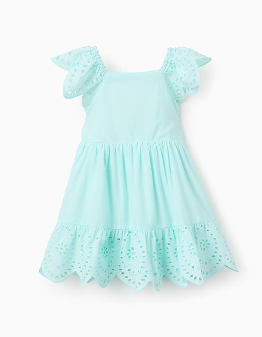 فستان قطن بتطريز إنجليزي للرضع البنات، أزرق فاتح