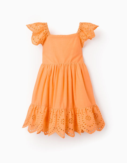 فستان قطن بتطريز إنجليزي للرضع البنات، برتقالي
