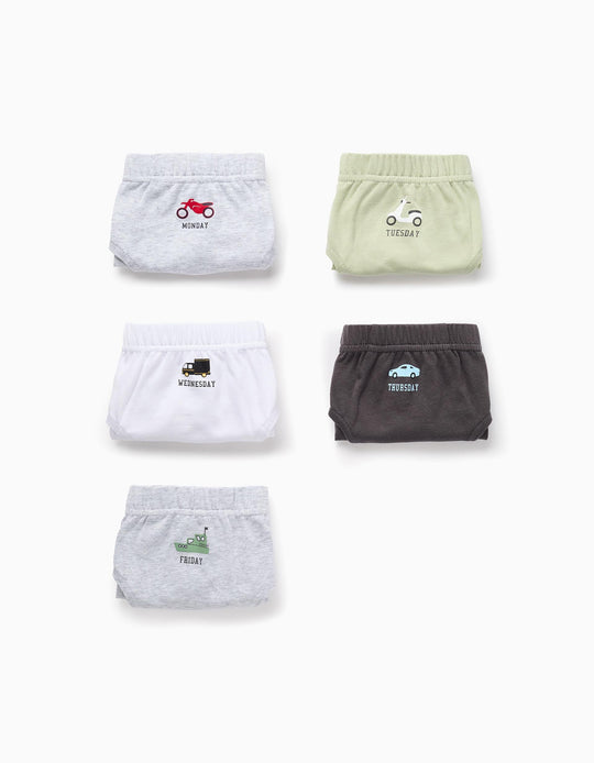 باك من 5 سراويل داخلية للأولاد وسائل نقل وأيام الأسبوع، أخضر/أبيض/رمادي