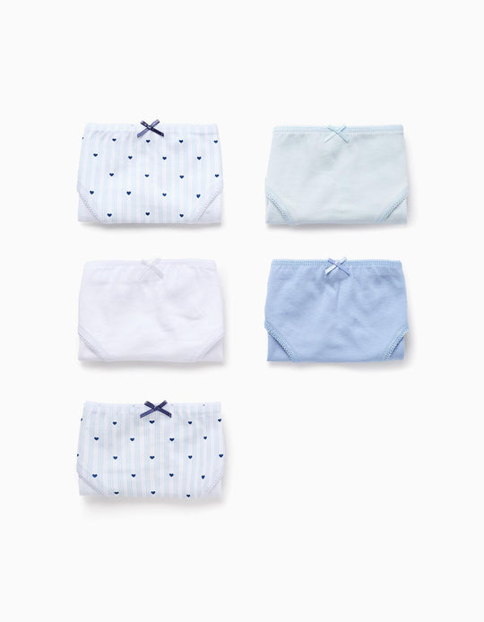 Pack of 5 Briefs for Girls 'Stripes & Hearts', White/Blue