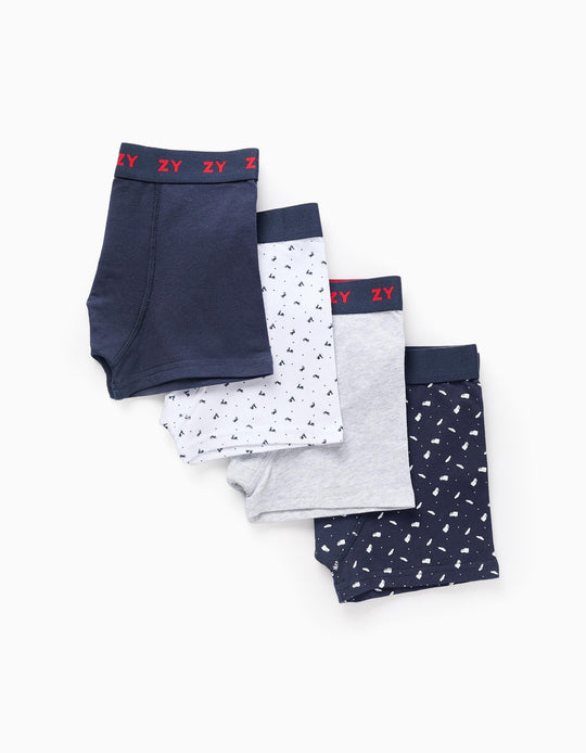 باك من 4 بوكسر للأولاد وسائل النقل، أزرق/رمادي/أبيض