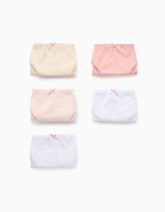 Pack of 5 Briefs for Girls 'Butterflies', White/Pink/Beige