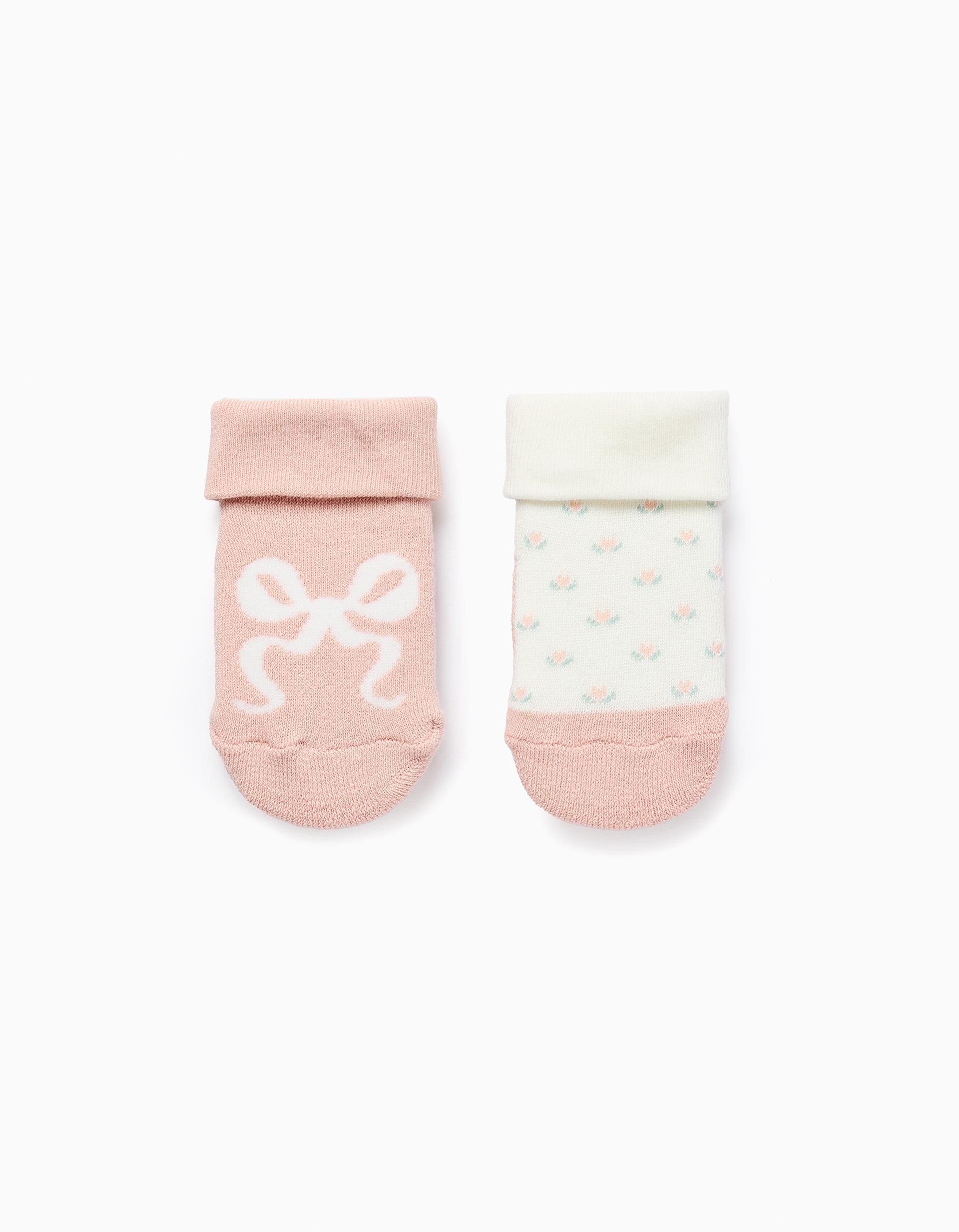 Pack of 2 Non-Slip Socks for Baby Girls 'Flowers', Pink/White
