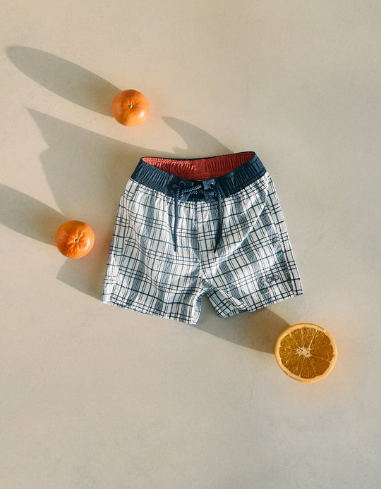 Checkered Swim Shorts for Baby Boys 'You & Me', White/Blue