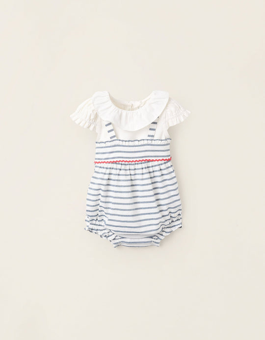 Bodysuit with Ruffles + Striped Jumpsuit for Newborn Girls, White/Blue