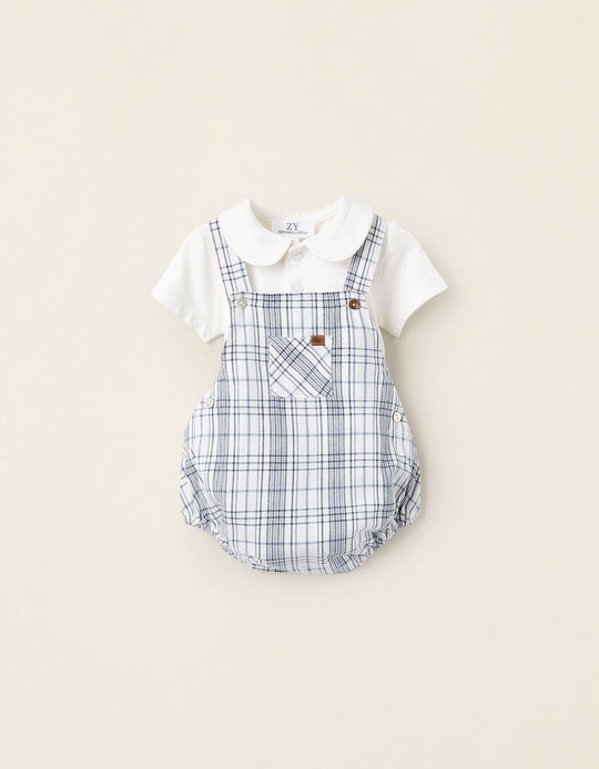 Bodysuit + Checkered Jumpsuit for Newborns 'You&Me', White/Blue