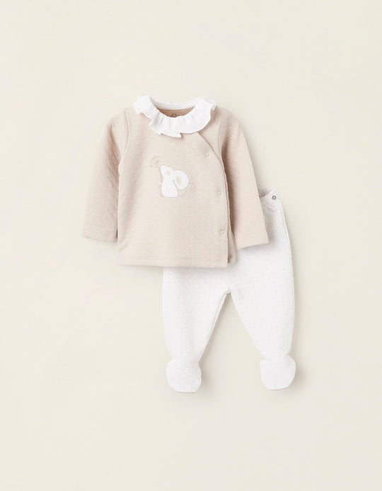 طقم سويت شيرت + بنطال للبنات الرضع ماوس، بيج/أبيض