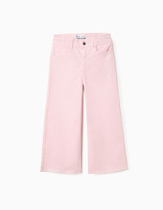 Wide Leg Twill Trousers with Frayed Hems for Girls, Light Pink