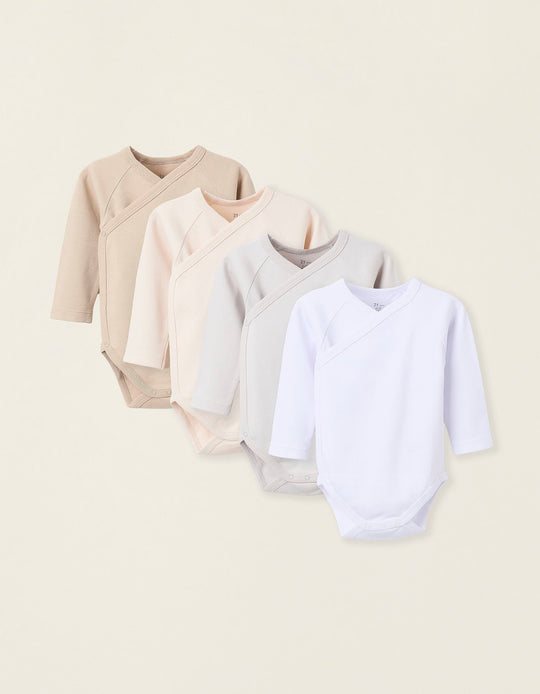 طقم من 4 بدي قطن بربطة للمواليد والرضع باستيل، أبيض/بيج