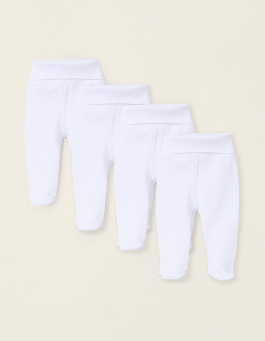 Pack of 4 Footed Brushed Cotton Trousers for Newborns and Babies, White