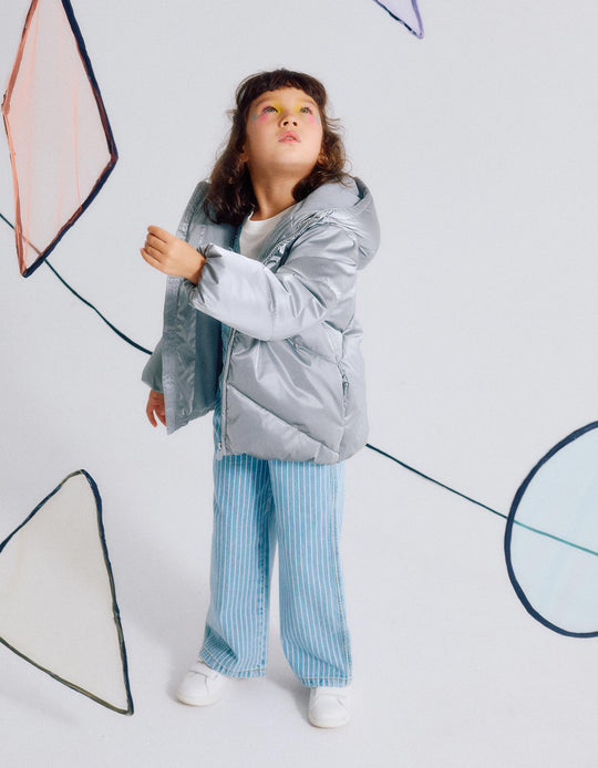 جاكيت مبطّن ببطانة فليس وغطاء رأس للفتيات، فضي