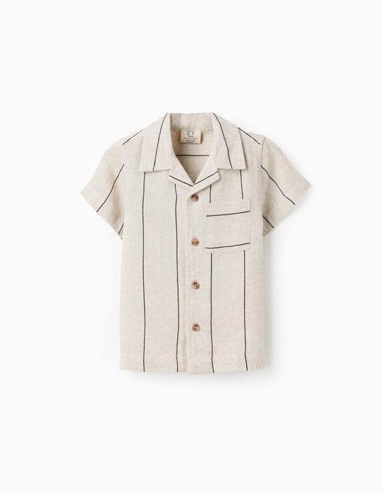 قميص نص كم فيسكووز وكتان للأولاد الرضع، بيج